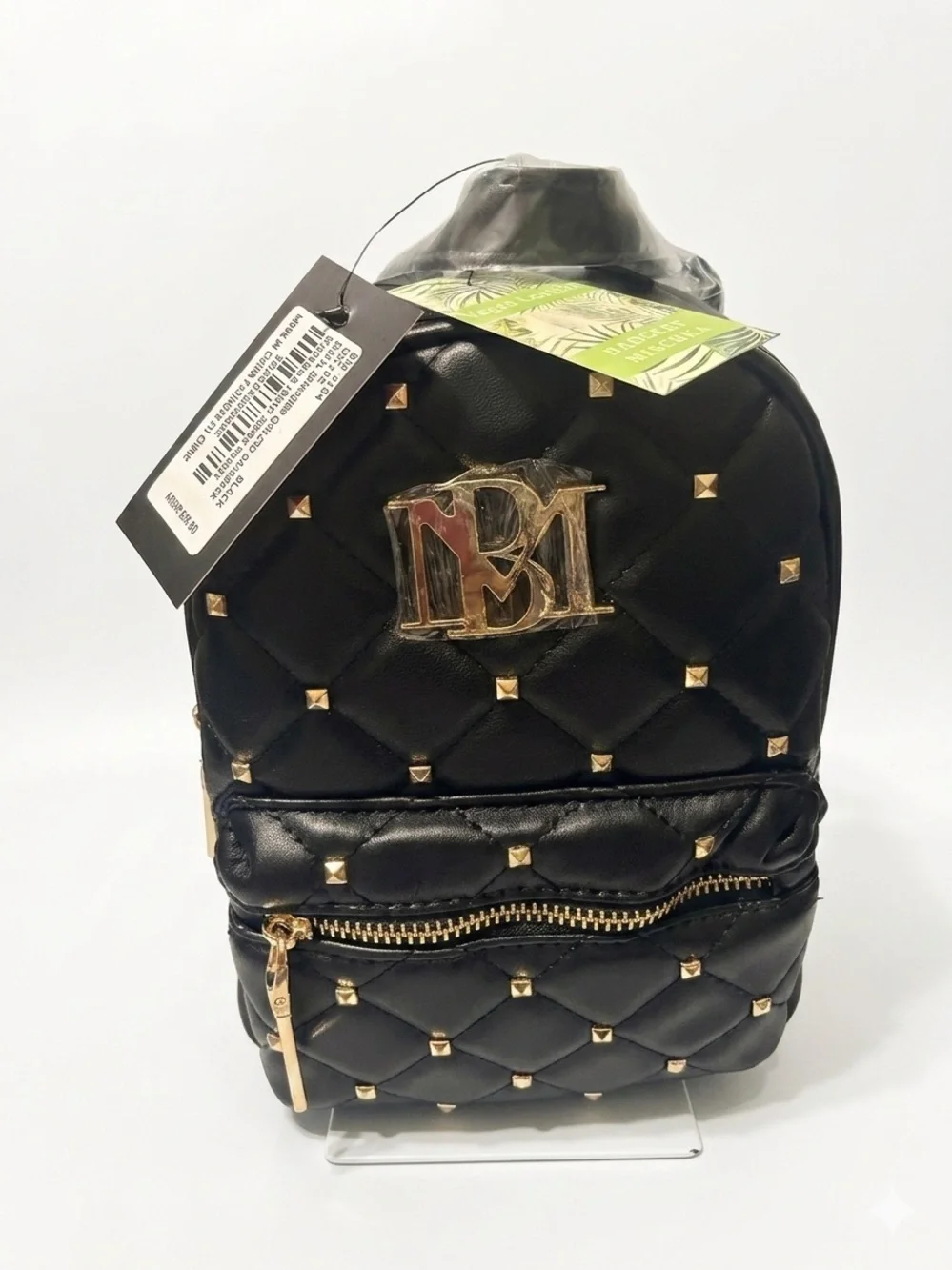 Badgley Mischka Black Quilted Mini Backpack Vegan Leather Studded Gold BM